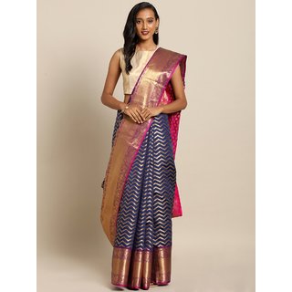 Meia Navy Blue & Gold-Toned Silk Blend Woven Design Kanjeevaram Saree Meia Navy Blue & Gold-Toned Silk Blend Woven Design Kanjeevaram Saree