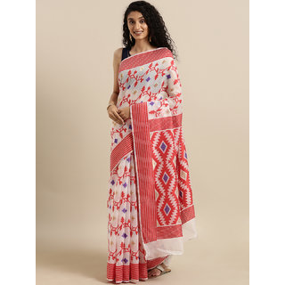                       Meia White & Red Silk Cotton Woven Design Jamdani Saree                                              