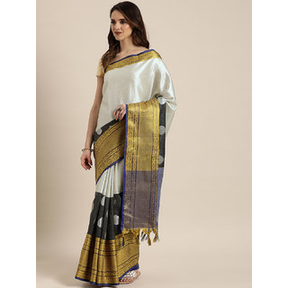                       Meia Silver-Toned & Black Silk Blend Woven Design Kanjeevaram Saree                                              