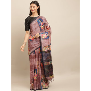                       Meia Brown & Black Linen Blend Digital kalamkari Printed Saree                                              