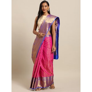                       Meia Pink & Blue Silk Blend Checked Kanjeevaram Saree                                              
