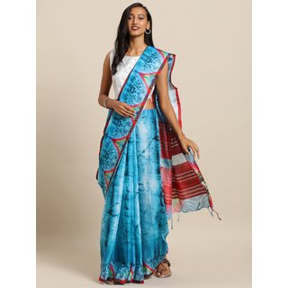                       Meia Blue & Navy Blue Linen Blend Dyed ShiboriSaree                                              