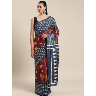 Meia Maroon & Orange Linen Blend Printed Chanderi Saree Meia Maroon & Orange Linen Blend Printed Chanderi Saree
