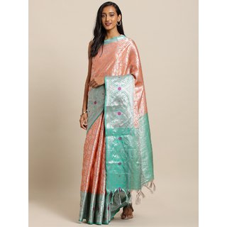 Meia Peach-Coloured & Silver-Coloured Silk Blend Woven Design Kanjeevaram Saree Meia Peach-Coloured & Silver-Coloured Silk Blend Woven Design Kanjeevaram Saree