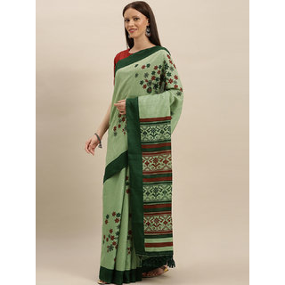                       Meia Green & Maroon Silk Blend Printed Saree                                              
