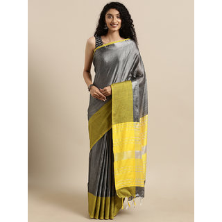                       Meia Grey & Yellow Linen Blend Solid Saree                                              