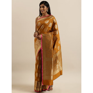 Meia Mustard Yellow & Gold-Colored Silk Blend Woven Design Banarasi Saree Meia Mustard Yellow & Gold-Colored Silk Blend Woven Design Banarasi Saree