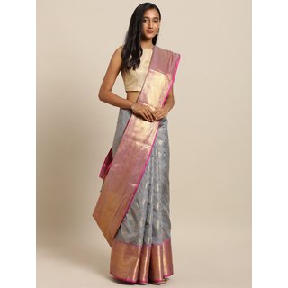                       Meia Grey & Pink Silk Blend Woven Design Wedding Kanjeevaram Saree                                              