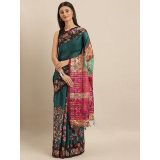 Meia Green & Pink Linen Blend Digital kalamkari Printed Saree Meia Green & Pink Linen Blend Digital kalamkari Printed Saree
