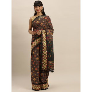                       Meia Brown & Black Linen Blend Printed Pochampally Saree                                              
