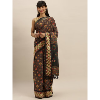 Meia Brown & Black Linen Blend Printed Pochampally Saree Meia Brown & Black Linen Blend Printed Pochampally Saree