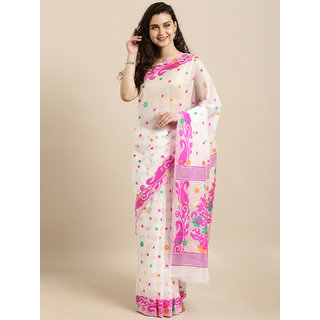                       Meia White & Pink Silk Cotton Woven Design Jamdani Saree                                              