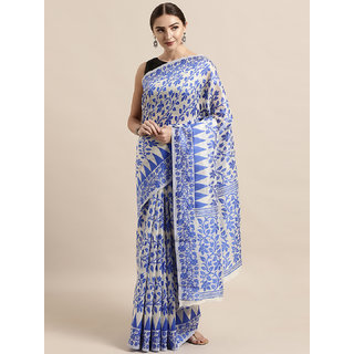                       Meia Cream-Coloured & Blue Silk Cotton Woven Design Jamdani Saree                                              