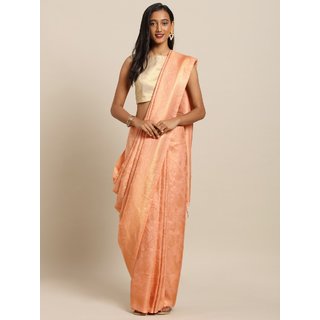 Meia Peach-Coloured Silk Blend Solid Baluchari Saree Meia Peach-Coloured Silk Blend Solid Baluchari Saree