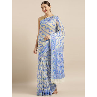                       Meia Cream-Coloured & Blue Silk Cotton Woven Design Jamdani Saree                                              