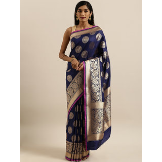                       Meia Navy Blue & Gold-Toned Silk Blend Printed Banarasi Saree                                              