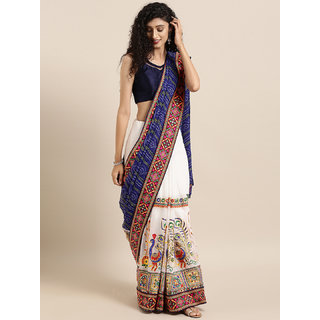 Meia White & Blue Pure Georgette Embroidered Bandhani Saree Meia White & Blue Pure Georgette Embroidered Bandhani Saree