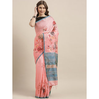                       Meia Pink & Blue Linen Blend Printed Saree                                              