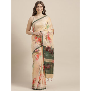                       Meia Peach-Coloured & Green Linen Blend Flower Angolla Digital Printed Saree                                              