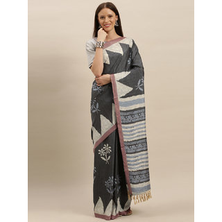                      Meia Charcoal Grey & Off-White Linen Blend Printed Bagru Saree                                              