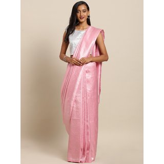                      Meia Pink & Silver-Coloured Silk Blend Woven Design Banarasi Saree                                              