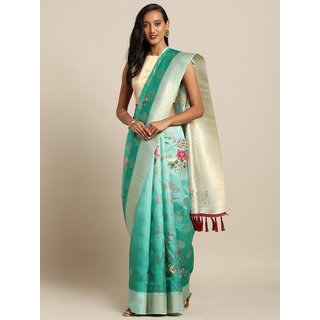                       Meia Sea Green & Gold-Toned Silk Blend Woven Design Banarasi Saree                                              