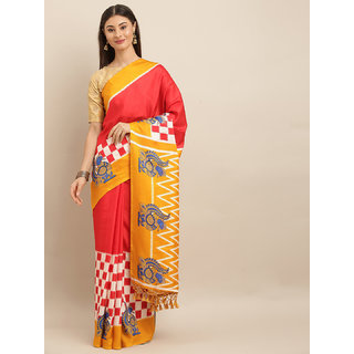                       Meia Red & Yellow Linen Blend Checked Ikat Saree                                              