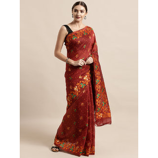 Meia Maroon Silk Cotton Woven Design Jamdani Saree Meia Maroon Silk Cotton Woven Design Jamdani Saree