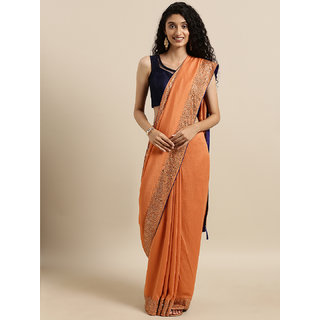                       Meia Peach-Coloured Solid Vichitra Poly Silk Saree with Embellished Border                                              