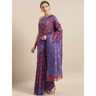 Meia Burgundy & Blue Silk Cotton Woven Design Jamdani Saree Meia Burgundy & Blue Silk Cotton Woven Design Jamdani Saree