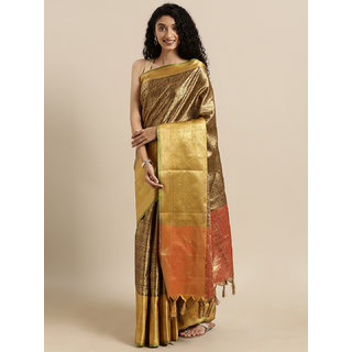 Meia Brown & Gold-Toned Silk Blend Woven Design Kanjeevaram Saree Meia Brown & Gold-Toned Silk Blend Woven Design Kanjeevaram Saree