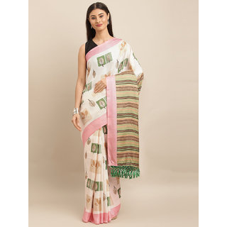                       Meia Off-White & Pink Jute Silk Printed Saree                                              