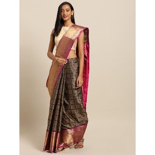                       Meia Black & Golden Silk Blend Woven Design Kanjeevaram Saree                                              