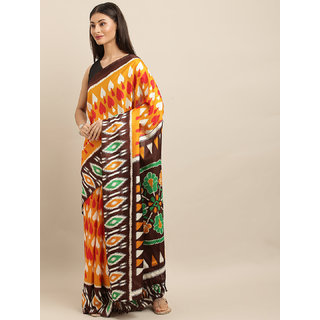 Meia Mustard Yellow & Brown Linen Blend Printed Ikat Saree Meia Mustard Yellow & Brown Linen Blend Printed Ikat Saree