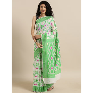                       Meia White & Green Silk Cotton Woven Design Jamdani Saree                                              