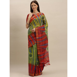                       Meia Green & Red Silk Blend Dyed Saree                                              