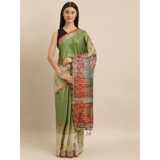                      Meia Olive Green & Brown Linen Blend Digital kalamkari Printed Saree                                              