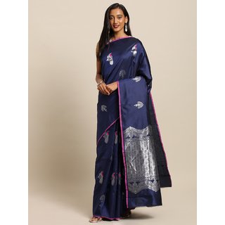 Meia Navy Blue & Silver-Toned Silk Blend Printed Kanjeevaram Saree