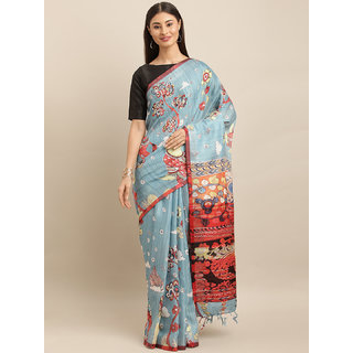                       Meia Blue & Red Linen Blend Printed Ikat Saree                                              