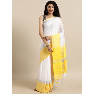                       Meia White & Yellow Solid Angolla Linen Blend Saree                                              