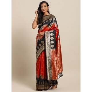                       Meia Red & Black Silk Blend Woven Design Banarasi Saree                                              