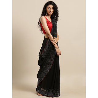                       Meia Black Solid Poly Silk Saree With Embellished Border                                              