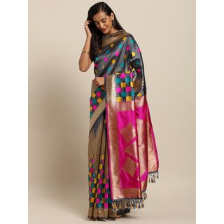                       Meia Grey & Pink Silk Blend Woven Design Banarasi Saree                                              