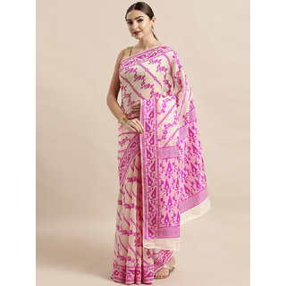                      Meia Cream-Coloured & Pink Silk Cotton Woven Design Jamdani Saree                                              
