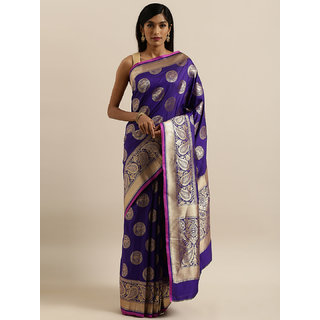                       Meia Navy Blue & Gold-Colored Silk Blend Woven Design Banarasi Saree                                              