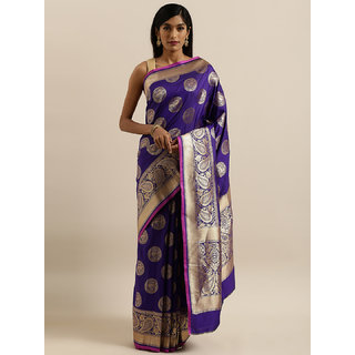 Meia Navy Blue & Gold-Colored Silk Blend Woven Design Banarasi Saree Meia Navy Blue & Gold-Colored Silk Blend Woven Design Banarasi Saree