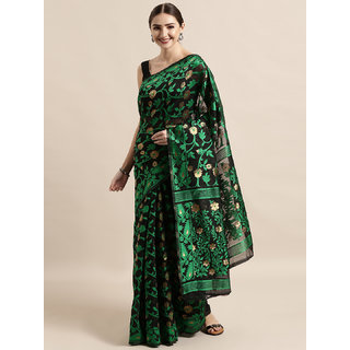                       Meia Black & Green Silk Cotton Woven Design Jamdani Saree                                              