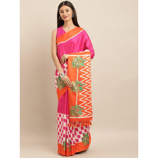                       Meia Pink & Orange Linen Blend Printed Ikat Saree                                              