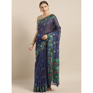                       Meia Navy Blue & Green Silk Cotton Woven Design Jamdani Saree                                              