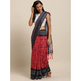                       Meia Red & Black Linen Blend Printed Bandhani Saree                                              